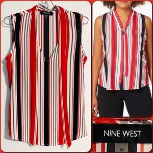 NINE WEST Black & Red Striped Tie Neck Sleeveless Flowy Blouse - MEDIUM